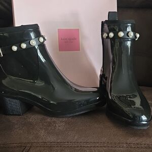 Kate Spade Glossy Black Rain Boots with Pearl Accents